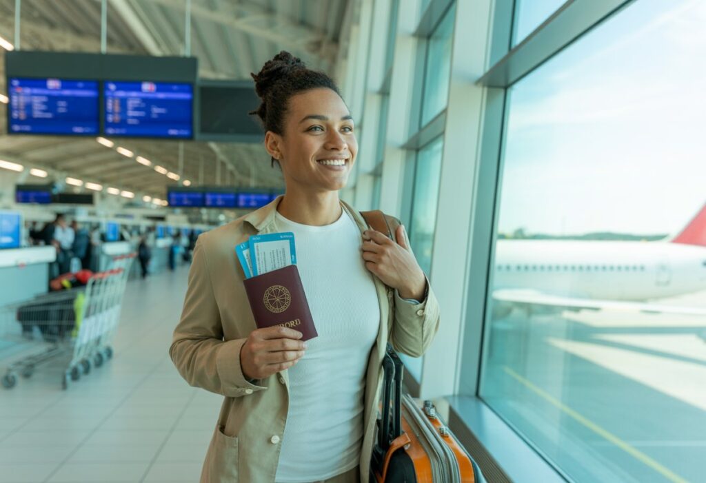 Viajante sorridente segurando passaporte e documento de seguro em aeroporto com aviões ao fundo.