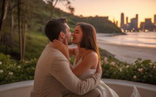Casal abraçado em um local romântico e isolado, rodeado por natureza ou vista para a cidade ao pôr do sol.
