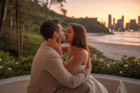 Casal abraçado em um local romântico e isolado, rodeado por natureza ou vista para a cidade ao pôr do sol.
