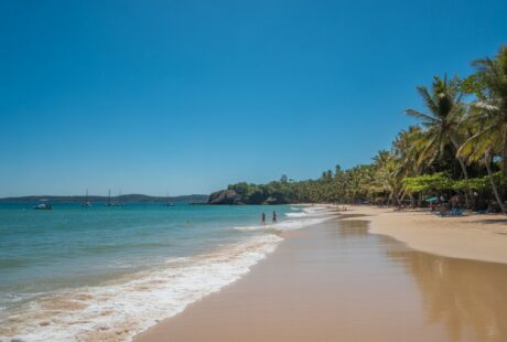 Praia com areia branca, mar azul e palmeiras ao fundo sob céu claro.