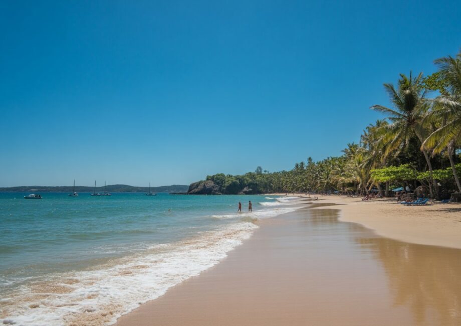 Praia com areia branca, mar azul e palmeiras ao fundo sob céu claro.