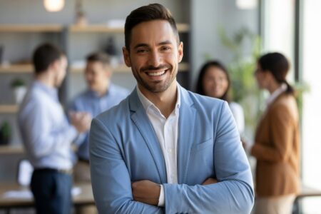 Homem confiante sorrindo em um escritório moderno com pessoas conversando ao fundo.