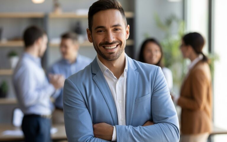 Homem confiante sorrindo em um escritório moderno com pessoas conversando ao fundo.