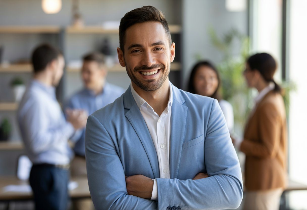 Homem confiante sorrindo em um escritório moderno com pessoas conversando ao fundo.