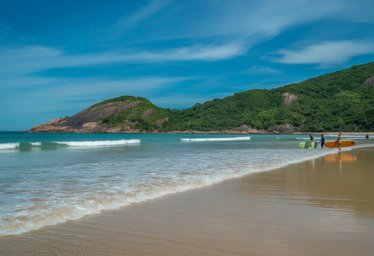 Praia com areia clara, água azul transparente, colinas verdes e algumas pessoas surfando em ondas pequenas.
