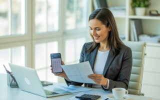 Mulher de negócios confiante revisando documentos financeiros em uma mesa de escritório moderna.