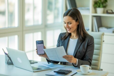 Mulher de negócios confiante revisando documentos financeiros em uma mesa de escritório moderna.