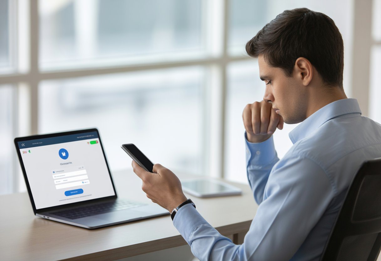 Homem jovem sentado em uma mesa de escritório olhando para um smartphone, com um laptop aberto mostrando uma carteira digital.