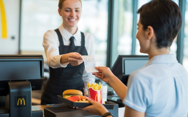 Cliente recebendo um recibo de um caixa sorridente dentro de um restaurante McDonald's moderno, com alimentos típicos da rede sobre a bandeja.