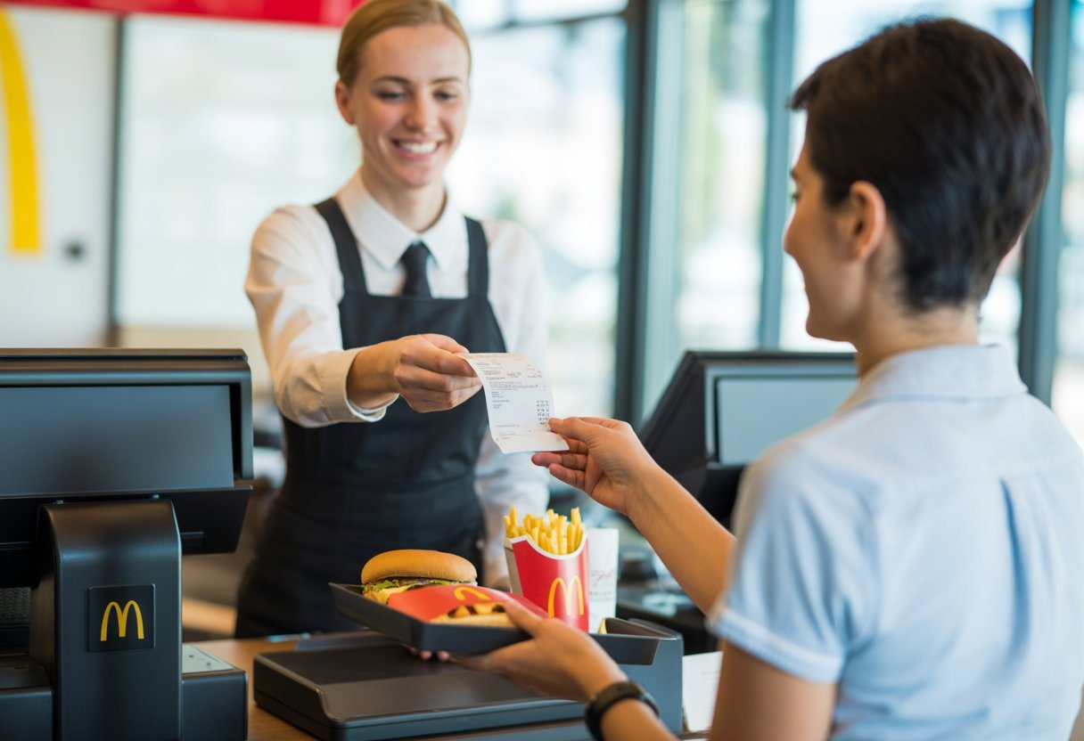 Cliente recebendo um recibo de um caixa sorridente dentro de um restaurante McDonald's moderno, com alimentos típicos da rede sobre a bandeja.