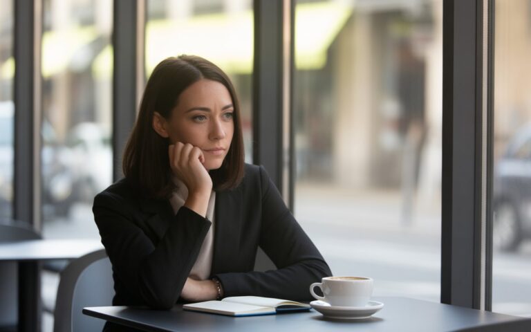 Mulher pensativa sentada sozinha em uma mesa de café moderna perto de uma janela grande, olhando para longe com expressão reflexiva.