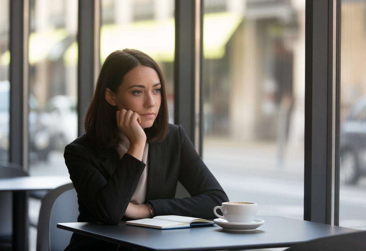 Mulher pensativa sentada sozinha em uma mesa de café moderna perto de uma janela grande, olhando para longe com expressão reflexiva.