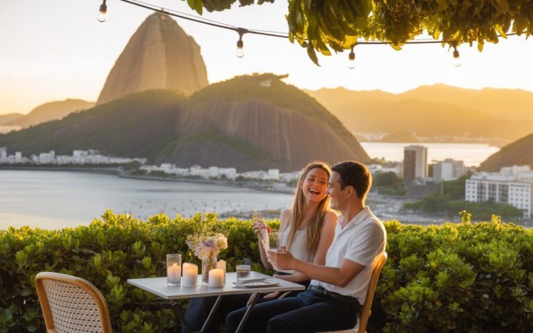 Casal sorrindo sentado em um café ao ar livre com vista para o Pão de Açúcar e a Baía de Guanabara ao pôr do sol no Rio de Janeiro.