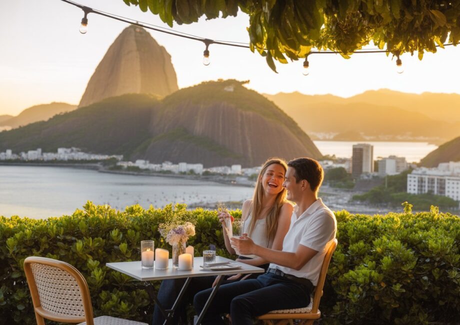 Casal sorrindo sentado em um café ao ar livre com vista para o Pão de Açúcar e a Baía de Guanabara ao pôr do sol no Rio de Janeiro.