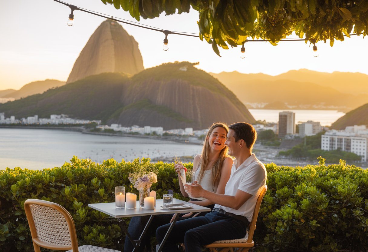 Casal sorrindo sentado em um café ao ar livre com vista para o Pão de Açúcar e a Baía de Guanabara ao pôr do sol no Rio de Janeiro.