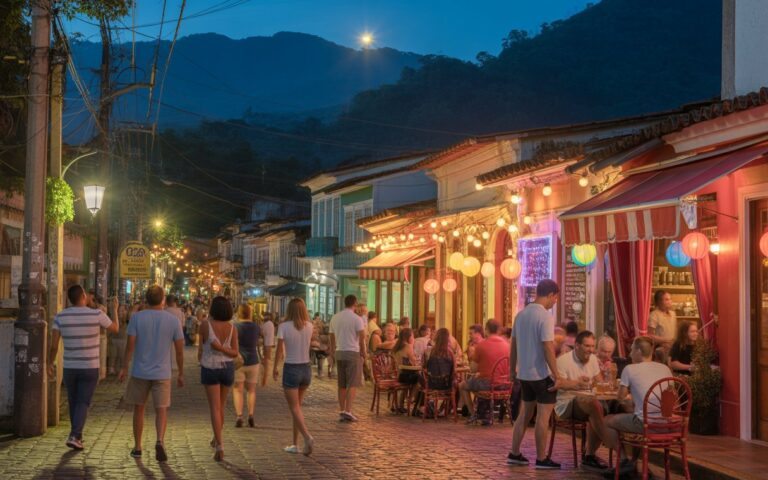 Rua movimentada à noite em Teresópolis com pessoas em cafés e restaurantes ao ar livre, montanhas ao fundo iluminadas pela lua.