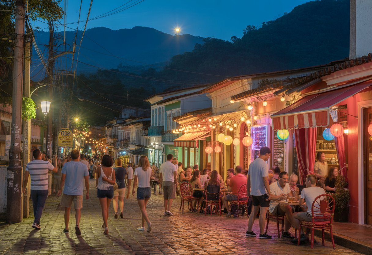 Rua movimentada à noite em Teresópolis com pessoas em cafés e restaurantes ao ar livre, montanhas ao fundo iluminadas pela lua.