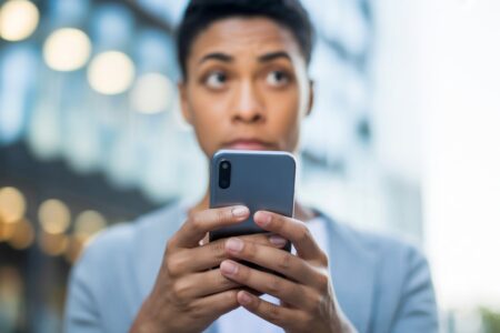 Pessoa segurando um smartphone e olhando para ele com expressão pensativa em um ambiente urbano.