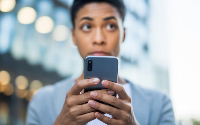 Pessoa segurando um smartphone e olhando para ele com expressão pensativa em um ambiente urbano.