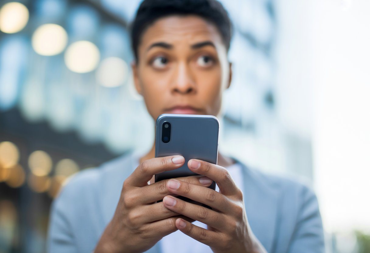 Pessoa segurando um smartphone e olhando para ele com expressão pensativa em um ambiente urbano.