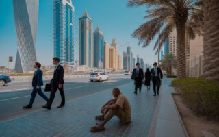 Um homem em situação de rua sentado na calçada em Dubai, com arranha-céus modernos ao fundo e pessoas bem vestidas caminhando pela rua.