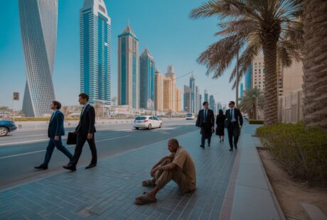 Um homem em situação de rua sentado na calçada em Dubai, com arranha-céus modernos ao fundo e pessoas bem vestidas caminhando pela rua.