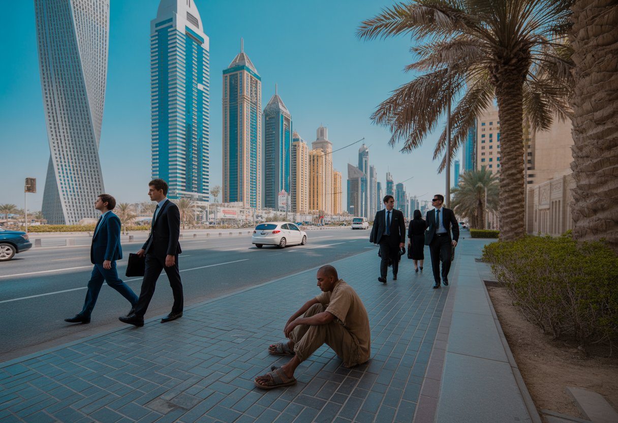 Um homem em situação de rua sentado na calçada em Dubai, com arranha-céus modernos ao fundo e pessoas bem vestidas caminhando pela rua.