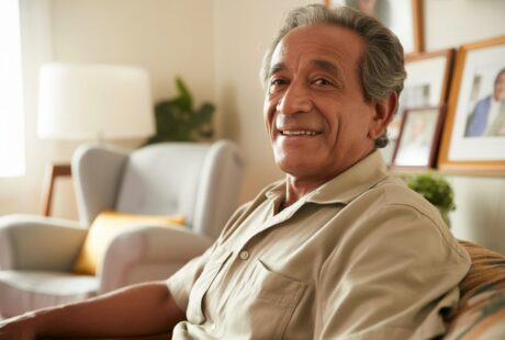 Homem idoso brasileiro sentado em uma sala de estar aconchegante, sorrindo gentilmente.