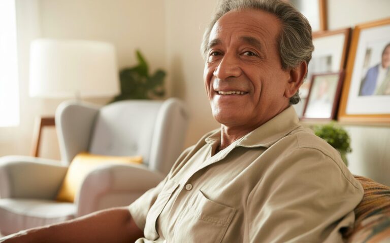 Homem idoso brasileiro sentado em uma sala de estar aconchegante, sorrindo gentilmente.