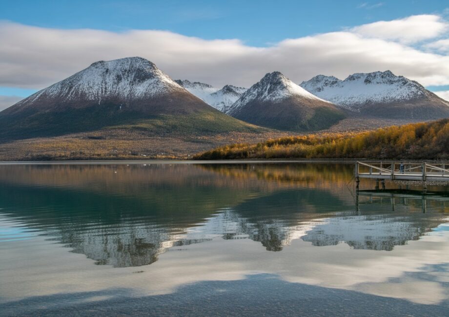 Vista das montanhas com neve e árvores em cores de outono refletidas em um lago calmo em Ushuaia durante abril.