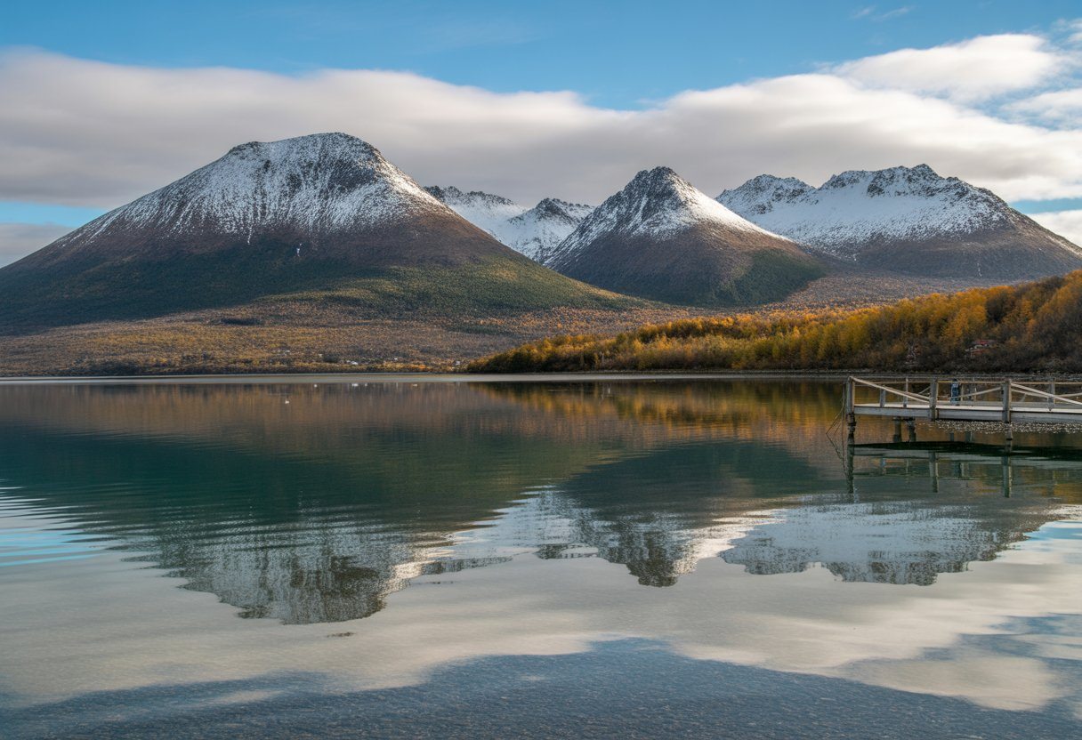 Vista das montanhas com neve e árvores em cores de outono refletidas em um lago calmo em Ushuaia durante abril.