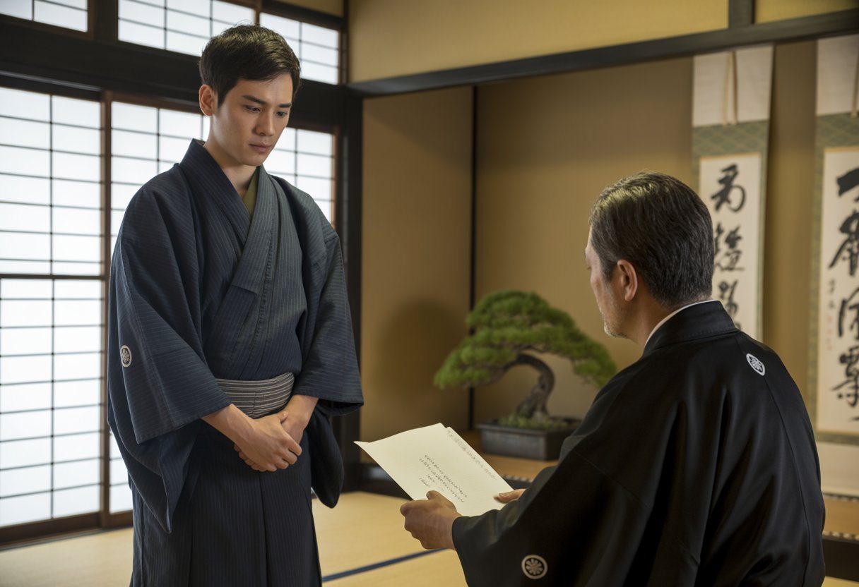 Um jovem de kimono escuro está em um quarto tradicional japonês, conversando seriamente com um homem mais velho sentado, transmitindo uma atmosfera de disciplina e respeito.