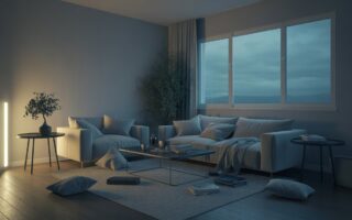 Sala de estar com iluminação fraca, planta murcha, objetos espalhados e almofadas desarrumadas, transmitindo uma sensação de energia negativa no ambiente.