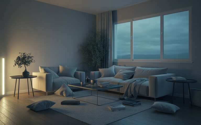 Sala de estar com iluminação fraca, planta murcha, objetos espalhados e almofadas desarrumadas, transmitindo uma sensação de energia negativa no ambiente.