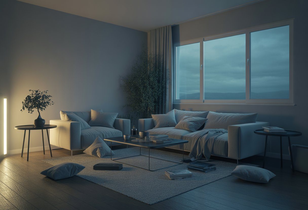 Sala de estar com iluminação fraca, planta murcha, objetos espalhados e almofadas desarrumadas, transmitindo uma sensação de energia negativa no ambiente.