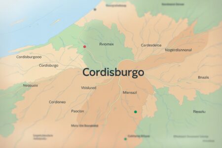Mapa detalhado da região ao redor de Cordisburgo, mostrando cidades e características geográficas próximas.