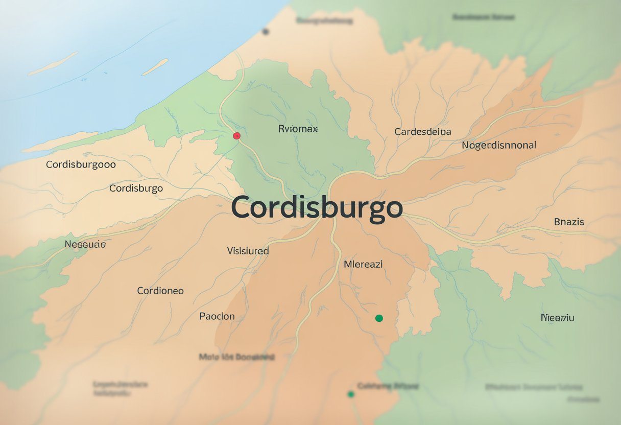 Mapa detalhado da região ao redor de Cordisburgo, mostrando cidades e características geográficas próximas.