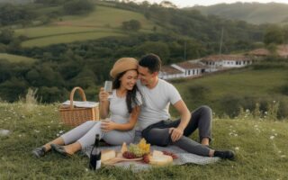 Casal fazendo piquenique em área verde com colinas e casas coloniais ao fundo durante o pôr do sol em Minas Gerais.