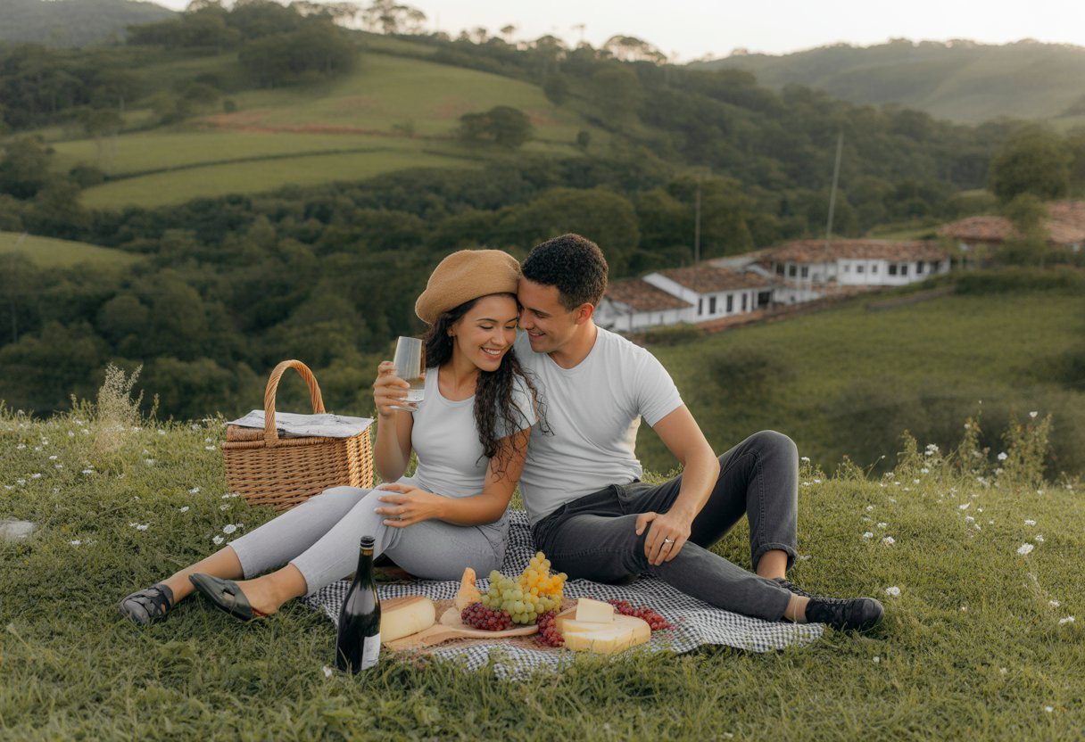 Casal fazendo piquenique em área verde com colinas e casas coloniais ao fundo durante o pôr do sol em Minas Gerais.