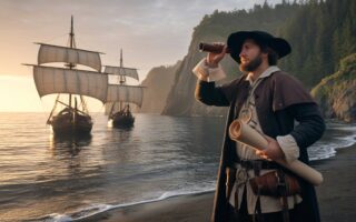 Um explorador histórico em roupas do século XV está na beira da costa, segurando um mapa e um telescópio, olhando para navios antigos ancorados perto da praia ao nascer do sol.