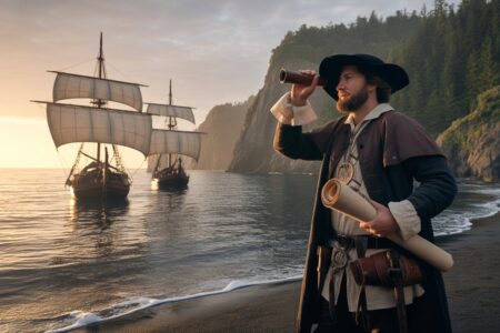 Um explorador histórico em roupas do século XV está na beira da costa, segurando um mapa e um telescópio, olhando para navios antigos ancorados perto da praia ao nascer do sol.
