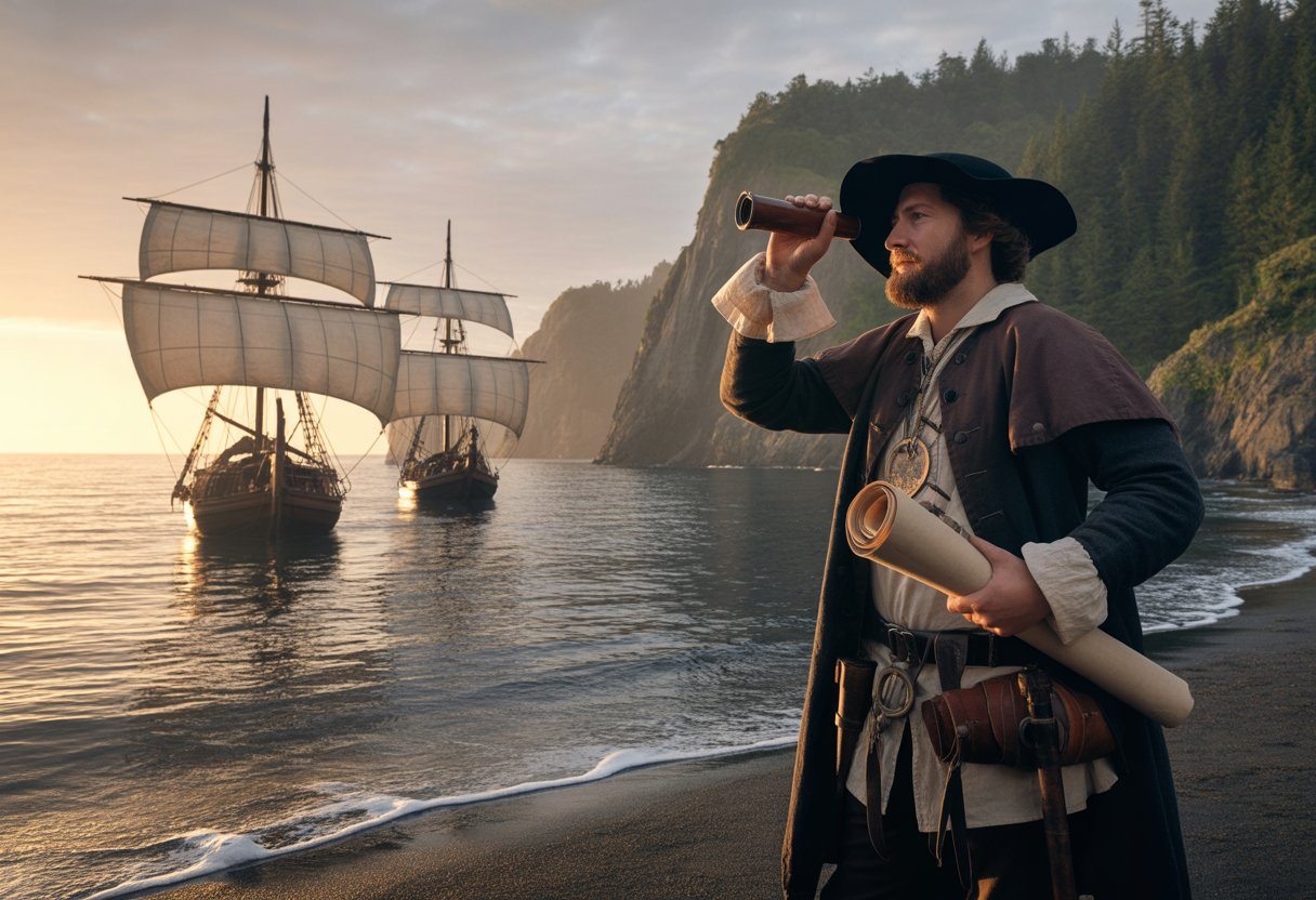 Um explorador histórico em roupas do século XV está na beira da costa, segurando um mapa e um telescópio, olhando para navios antigos ancorados perto da praia ao nascer do sol.