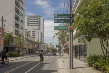 Rua moderna em um bairro brasileiro com prédios residenciais e comerciais, pessoas caminhando e árvores ao redor.