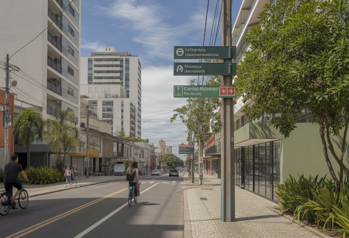 Rua moderna em um bairro brasileiro com prédios residenciais e comerciais, pessoas caminhando e árvores ao redor.