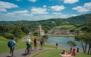 Paisagem natural de Miguel Pereira com pessoas caminhando, andando de bicicleta e fazendo piquenique perto de um lago, com colinas verdes e casas ao fundo.