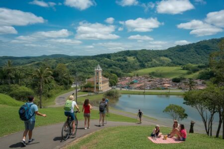 Paisagem natural de Miguel Pereira com pessoas caminhando, andando de bicicleta e fazendo piquenique perto de um lago, com colinas verdes e casas ao fundo.