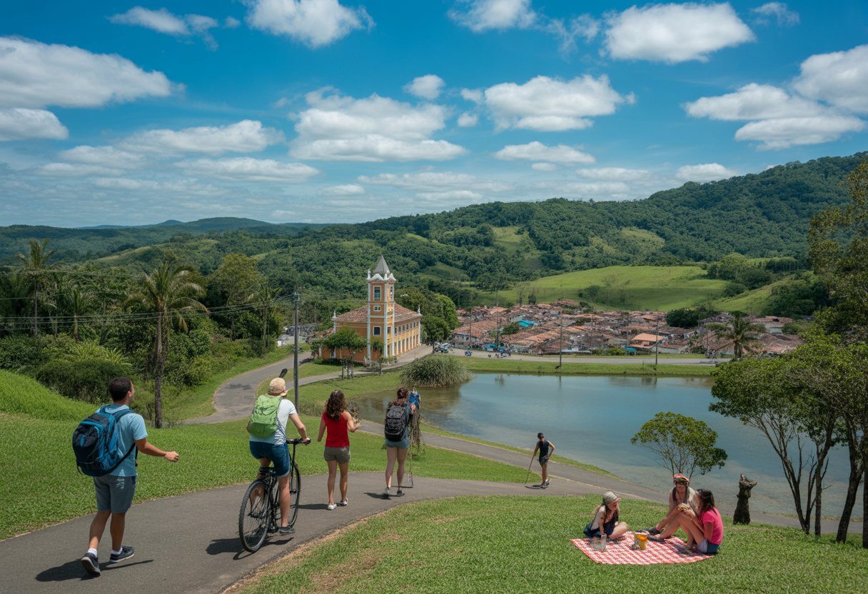 Paisagem natural de Miguel Pereira com pessoas caminhando, andando de bicicleta e fazendo piquenique perto de um lago, com colinas verdes e casas ao fundo.