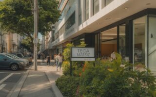 Rua urbana com um prédio moderno cercado por árvores e flores, pessoas caminhando na calçada e carros estacionados próximo.