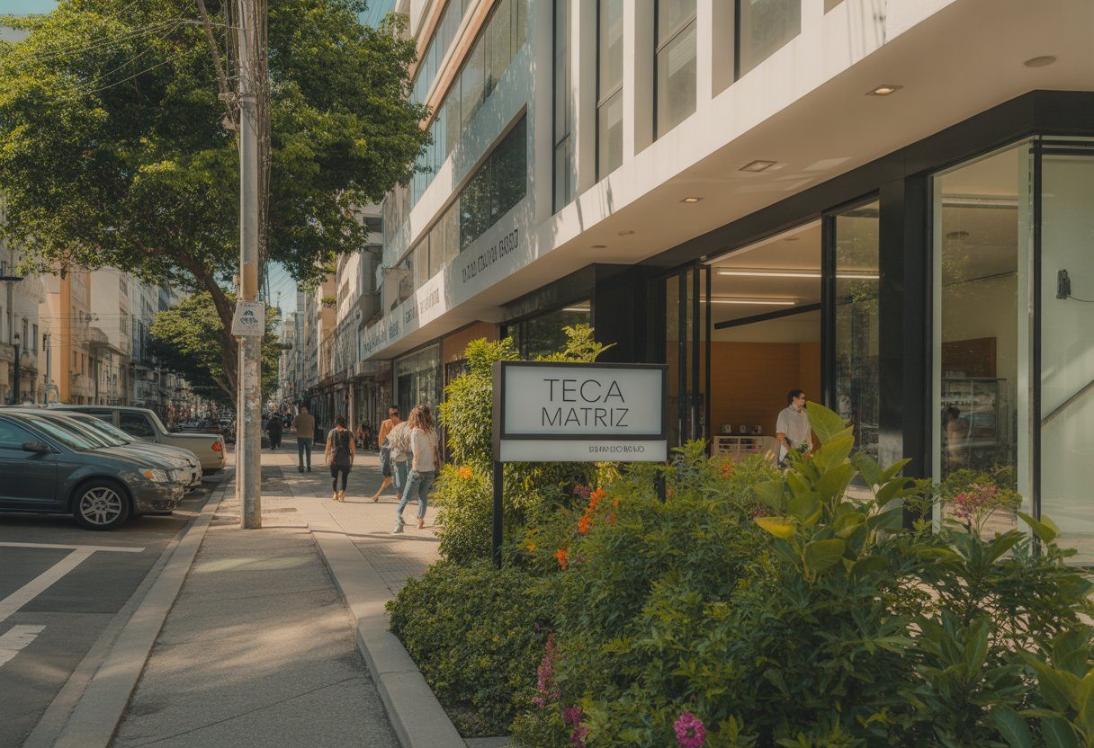 Rua urbana com um prédio moderno cercado por árvores e flores, pessoas caminhando na calçada e carros estacionados próximo.