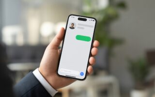 Pessoa segurando um smartphone com a foto de perfil removida em um aplicativo de mensagens.